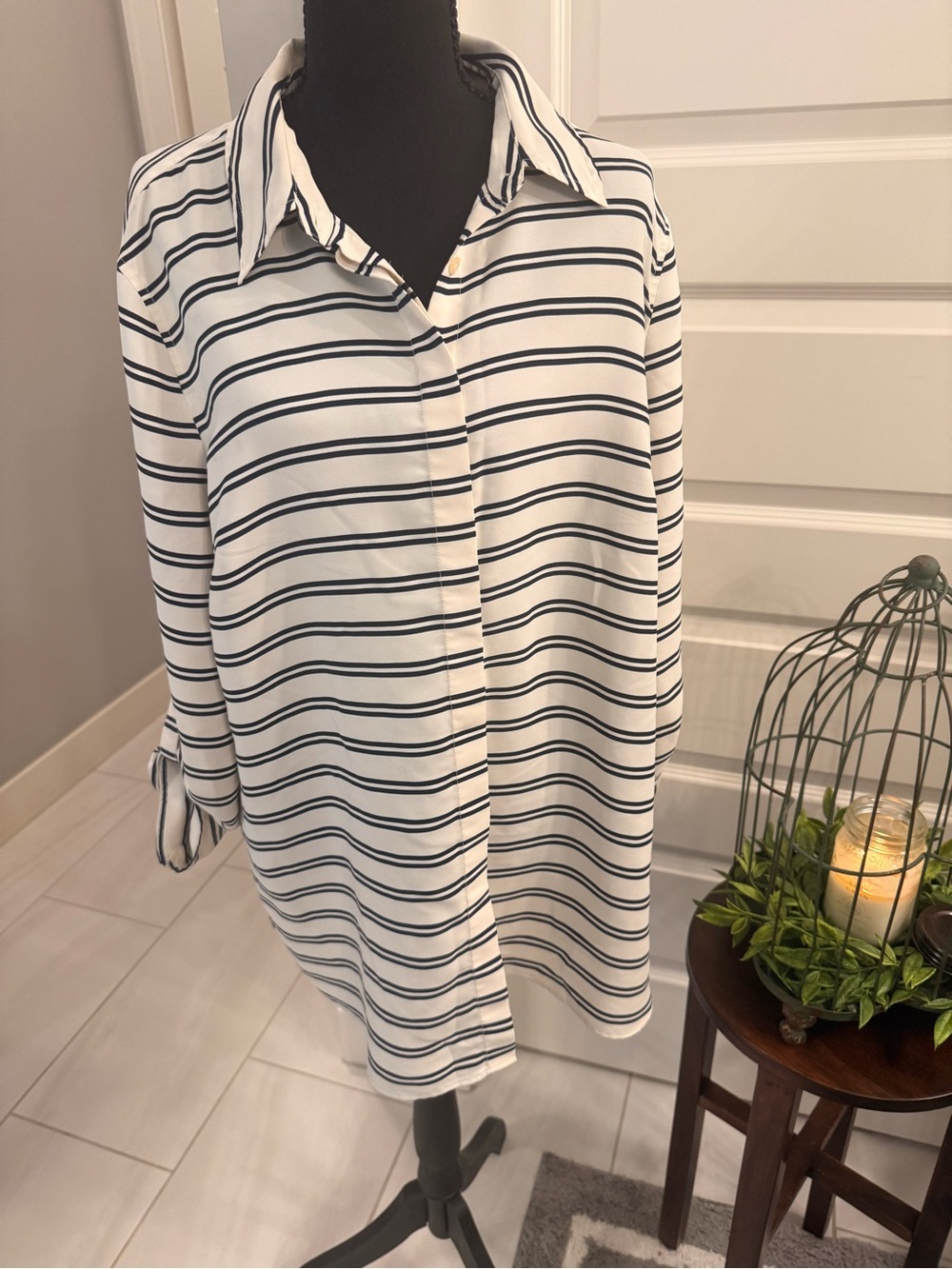 Talbots White Button-Down Shirt with Navy Stripes
